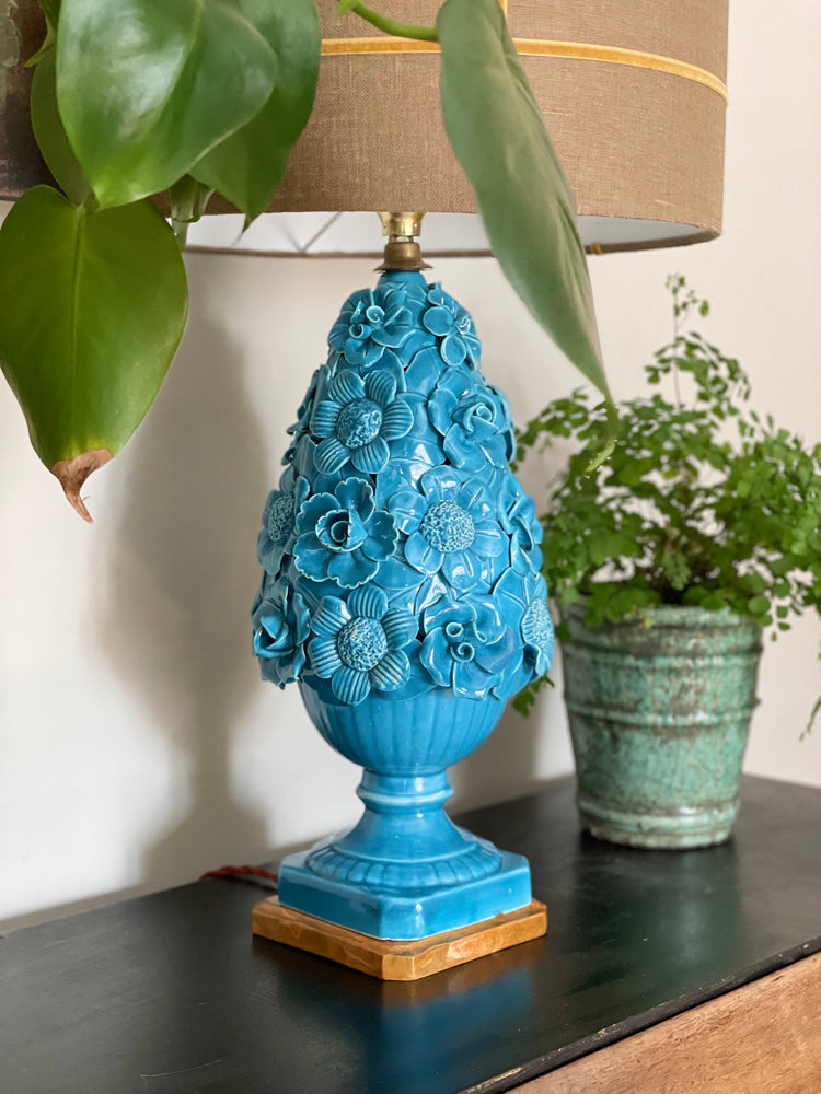 Lámpara de Manises Vintage Flores Azul Medio